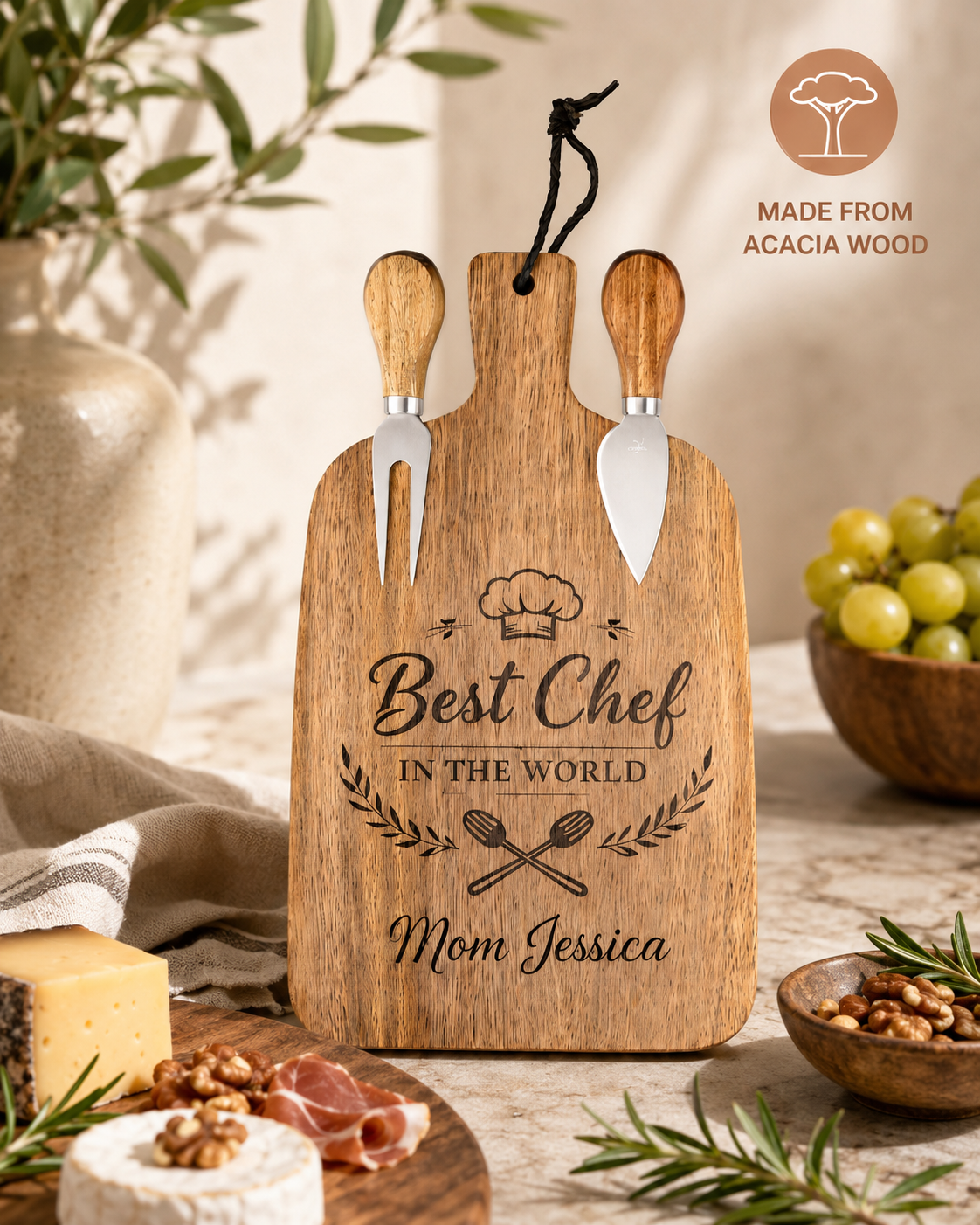 Personalized Acacia Wood Cheese & Serving Board Set with Knives – Custom Engraved Gift