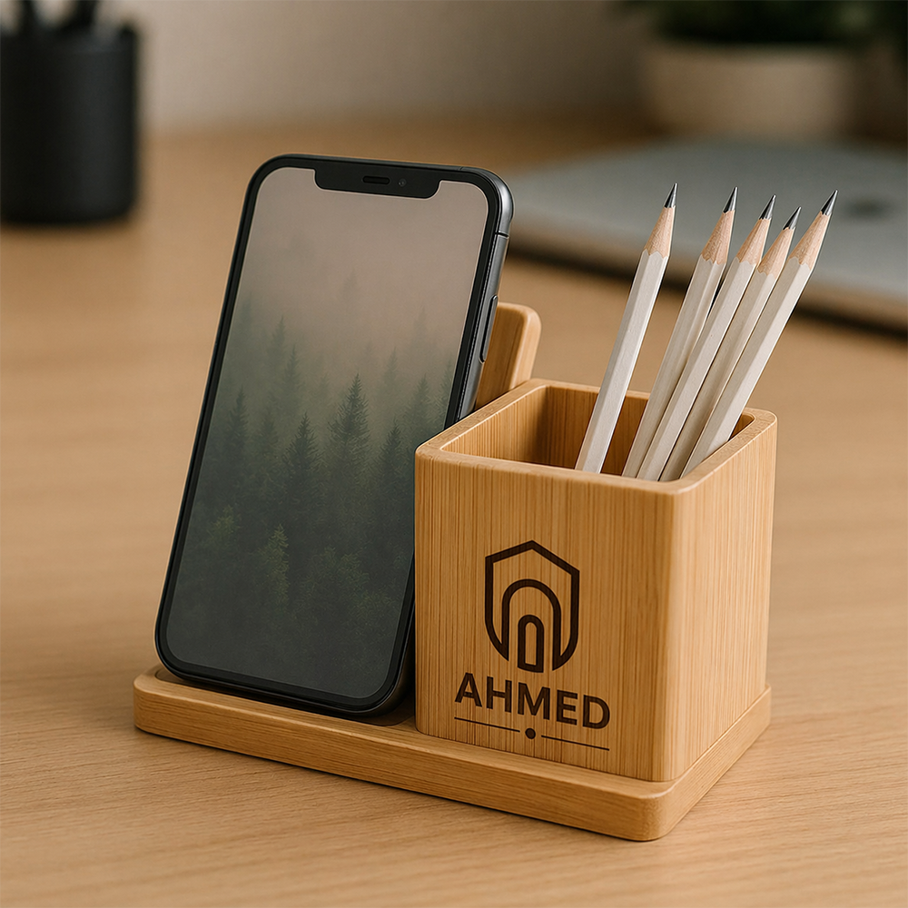 Personalized Bamboo Pen Holder with 10W Wireless Charger