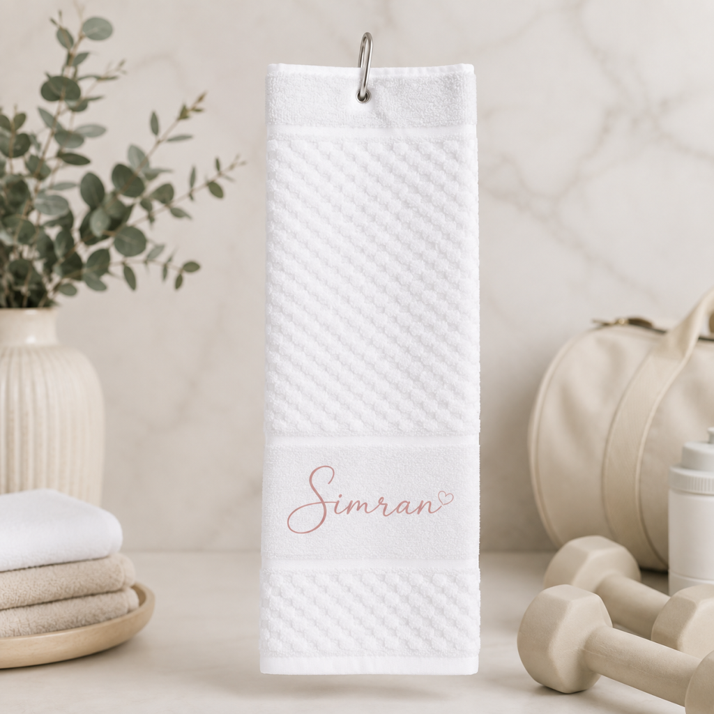 Personalized Sports Hand Towel with Carabiner Clip - White