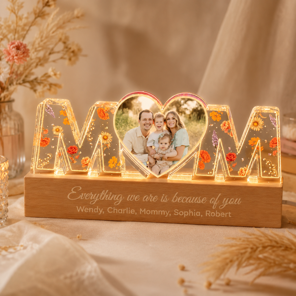 Personalized MOM Photo Acrylic Lamp with Wooden Base