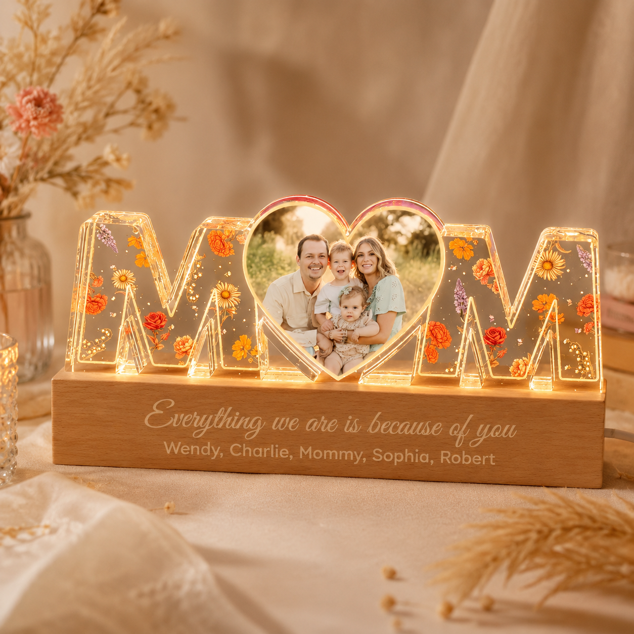 Personalized MOM Photo Acrylic Lamp with Wooden Base