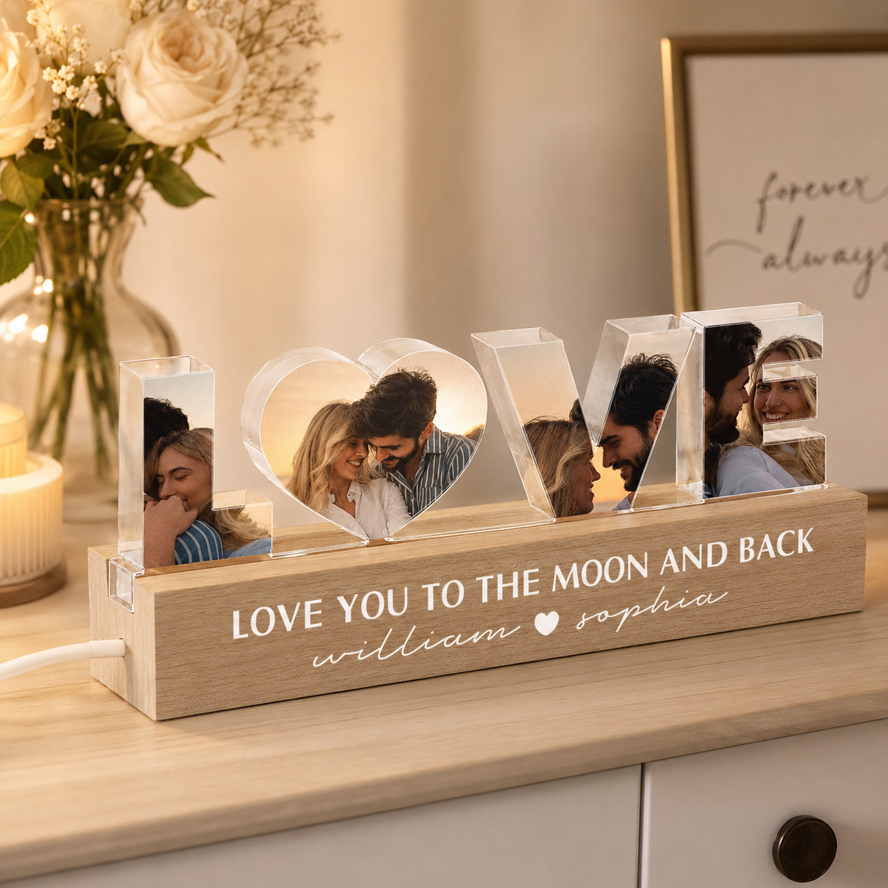 Personalized LOVE Photo LED Lamp with Wooden Base