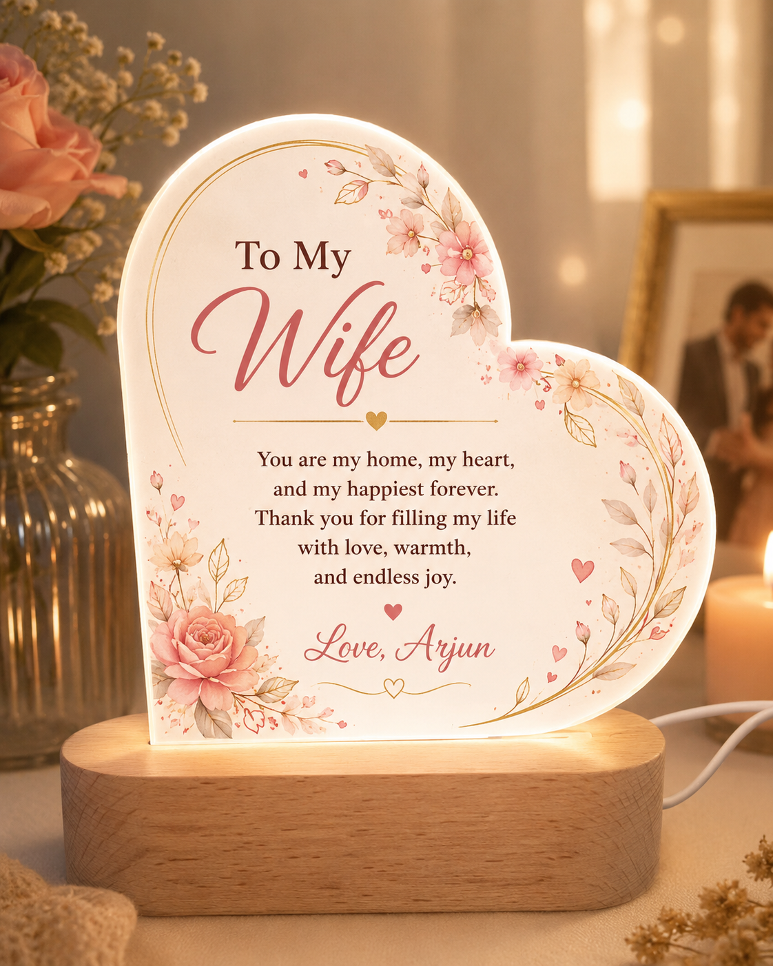 Personalized Wife Heart Acrylic Lamp with Wooden Base
