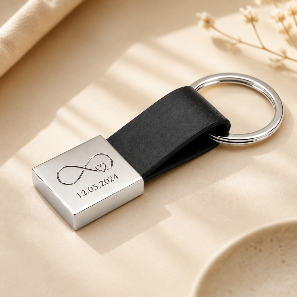 Personalized Metal Keychain with Black Leather Strap