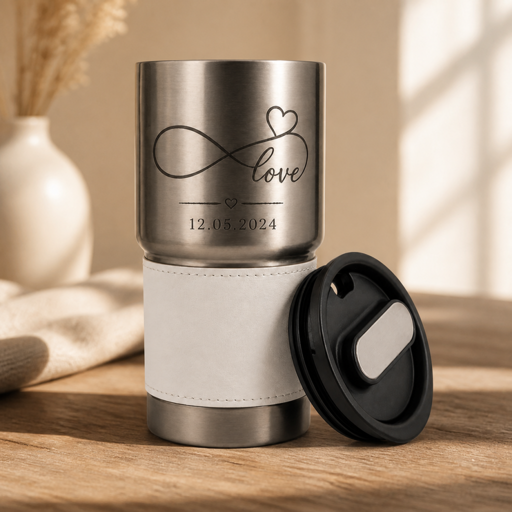Personalized 530ml Insulated Stainless Steel Tumbler with PU Grip Sleeve – White