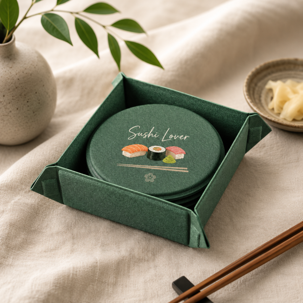 Personalized Recycled PU Coaster Set with Tray - Green