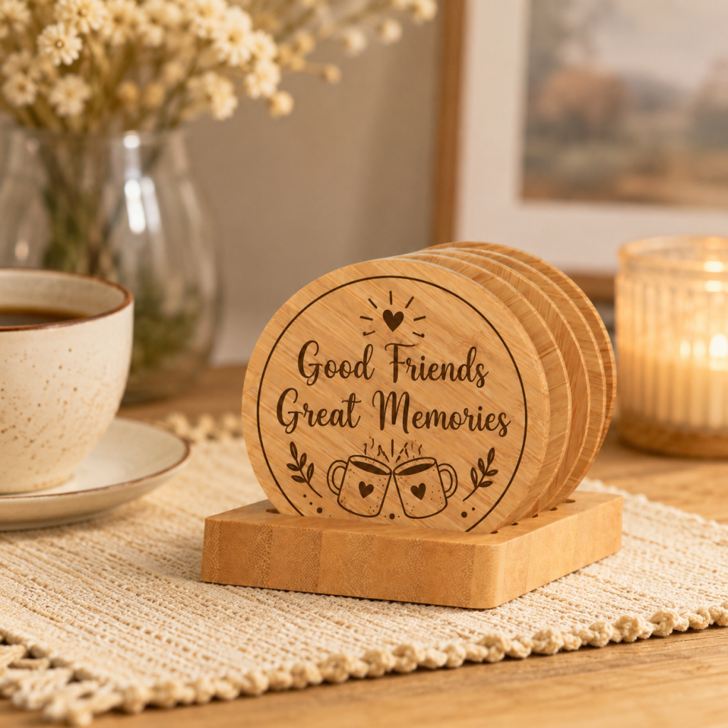 Personalized Bamboo Coaster Set with Holder