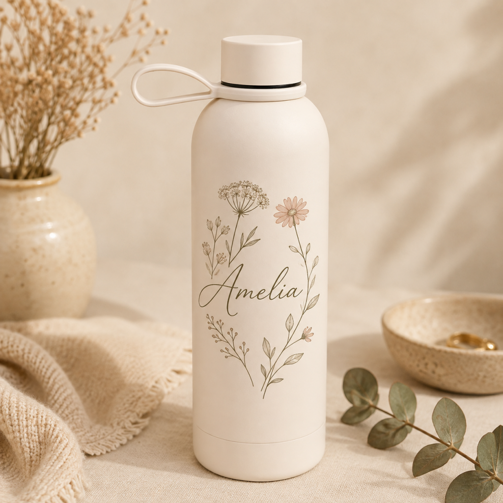 Personalized 500ml Double Wall Stainless Steel Vacuum Bottle with Silicone Loop - Sand